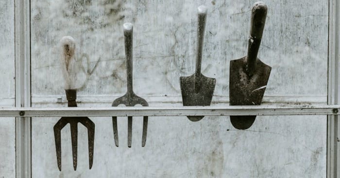 garden tools in a shed ready to be packed