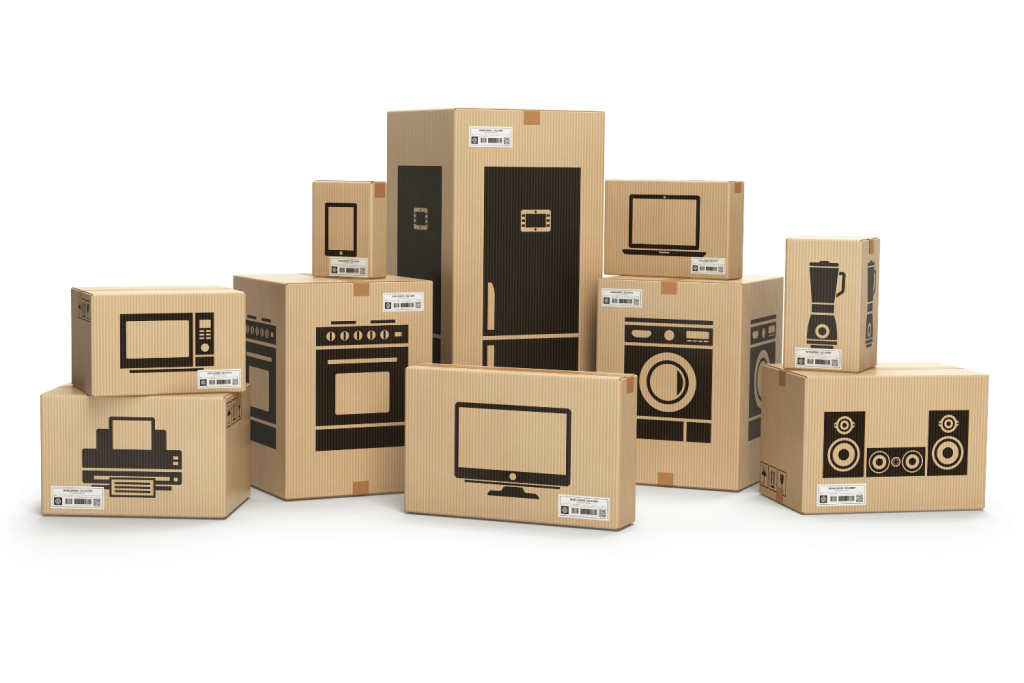 A group of cardboard boxes with printed icons of various household appliances, including a refrigerator, oven, microwave, washing machine, blender, printer, television, and speakers, indicating packed items for a move.